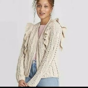 Universal Thread Cable Knit Chunky Ruffle Open Front Cardigan Sweater